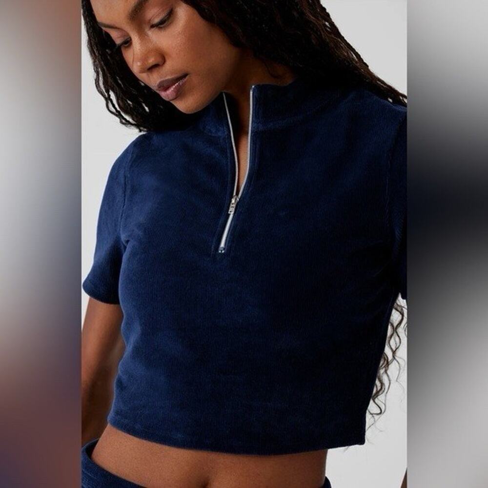 Alo Crop Sweatshirt Micro Corduroy Winter Break Mock Neck Top Navy Womens Large